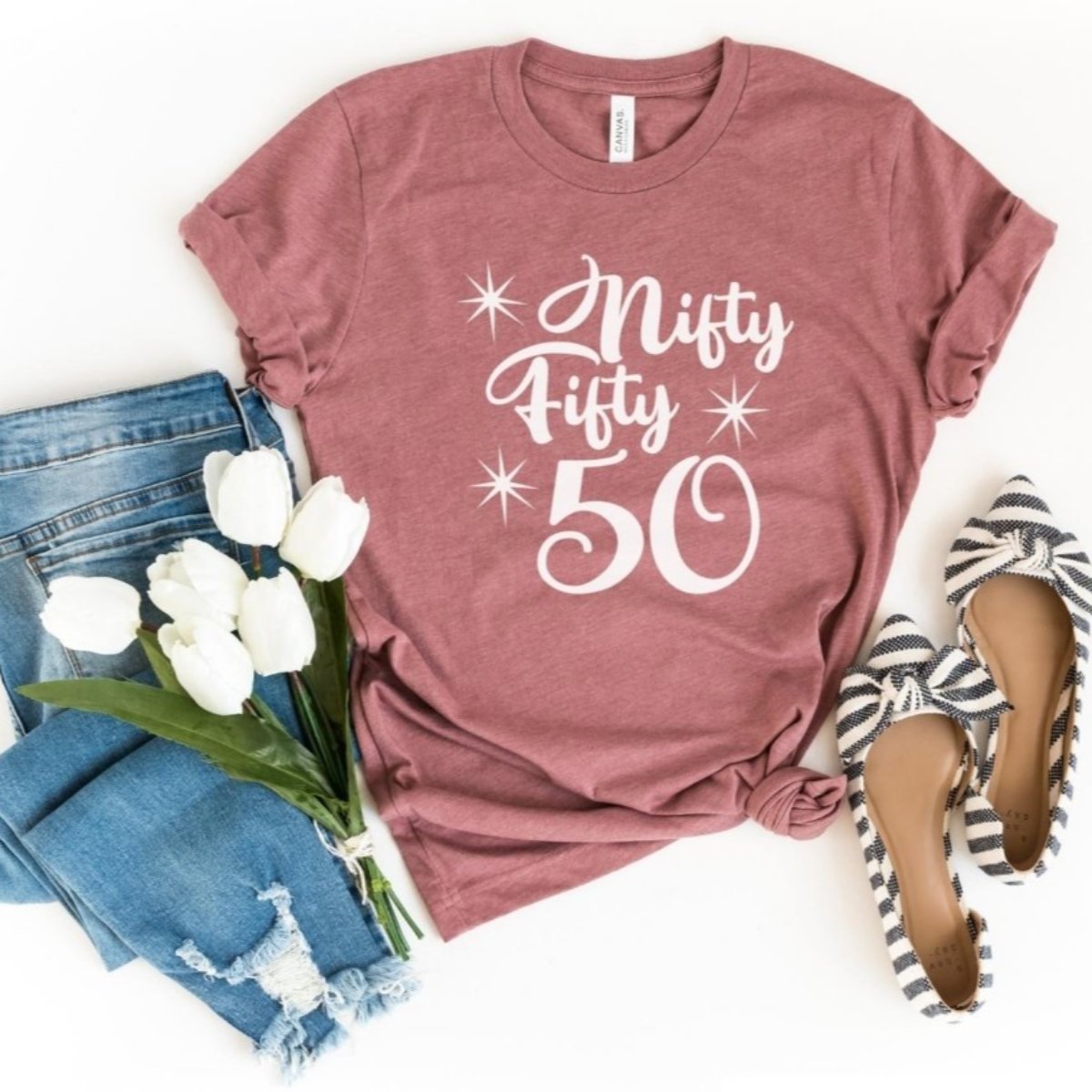 Nifty Fifty Birthday Shirt - Fun 50th Birthday - Bliss Birthday Shirts - S - Heather Mauve