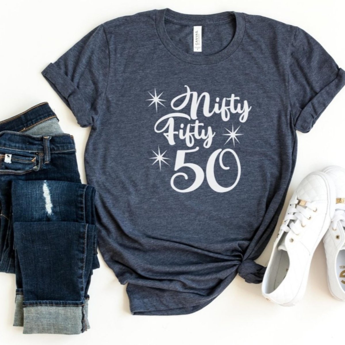 Nifty Fifty Birthday Shirt - Fun 50th Birthday - Bliss Birthday Shirts - S - Heather Navy