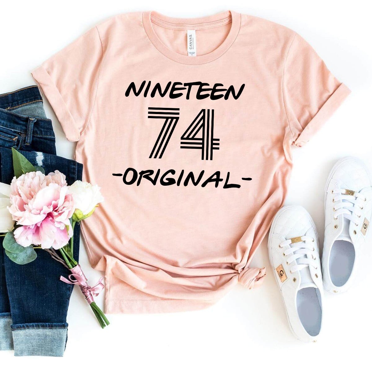 Nineteen 74 - Original 50th Shirt – Original Design for Milestone Birthdays - Bliss Birthday Shirts - Heather Peach - S