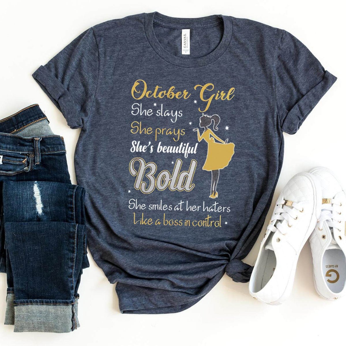 October Girl - She Slays She Prays Birthday Shirt - Bliss Birthday Shirts - Heather Navy - Small