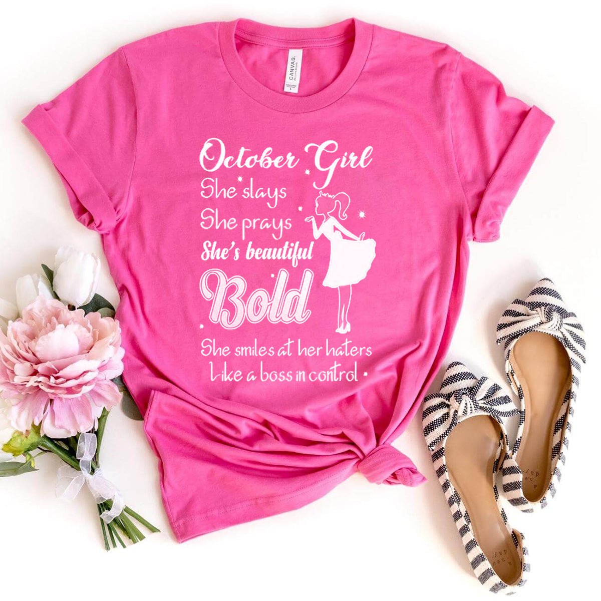 October Girl - She Slays She Prays White Birthday Shirt - Bliss Birthday Shirts - Charity Pink - Small