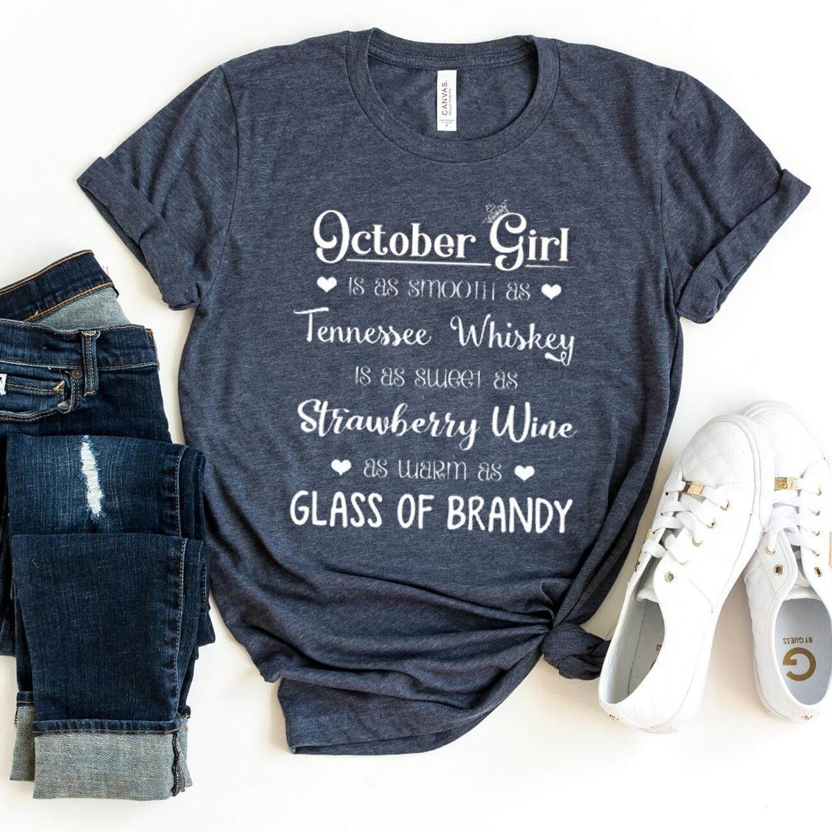 October Girl - Smooth as Whiskey Warm as Brandy Birthday Shirt - Bliss Birthday Shirts - Heather Navy - Small