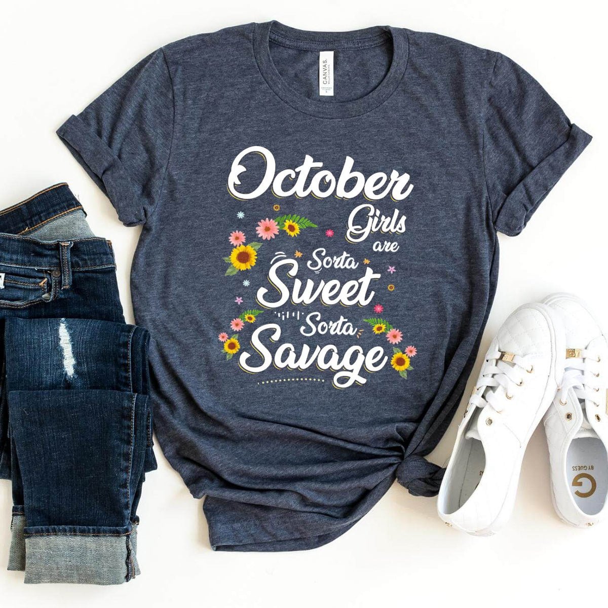 October Girls - Sorta Sweet Sorta Savage Birthday Shirt - Bliss Birthday Shirts - Heather Navy - Small