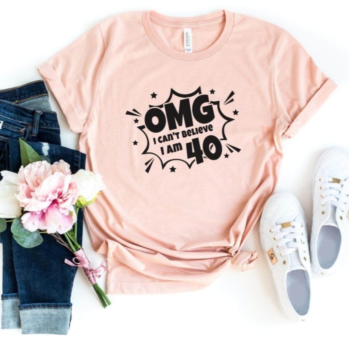 OMG I Can't Believe I Am... Birthday Shirt - Custom Any Age T - Shirt - Bliss Birthday Shirts - S - Heather Peach