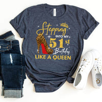 Personalized Birthday Shirt: Stepping into My 51st Birthday Like a Queen - Bliss Birthday Shirts - S - Navy Blue