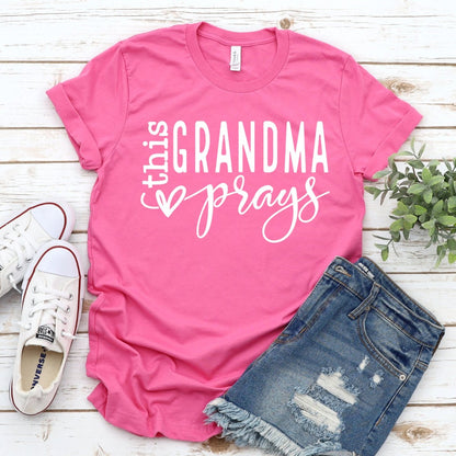 Personalized Birthday Shirts - This Grandma Prays Womens T - Shirt - Bliss Birthday Shirts - Heather Charity Pink - S