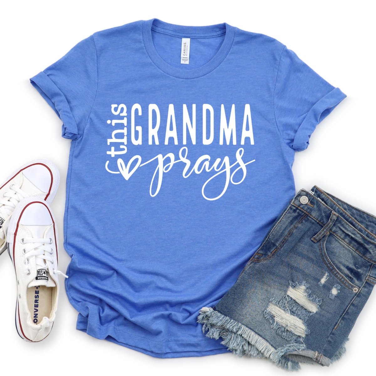 Personalized Birthday Shirts - This Grandma Prays Womens T - Shirt - Bliss Birthday Shirts - Heather Columbia Blue - S