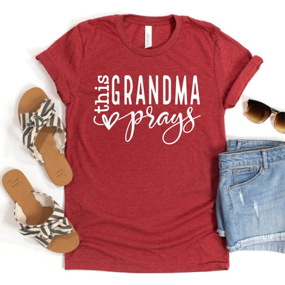 Personalized Birthday Shirts - This Grandma Prays Womens T - Shirt - Bliss Birthday Shirts - Heather Red - S