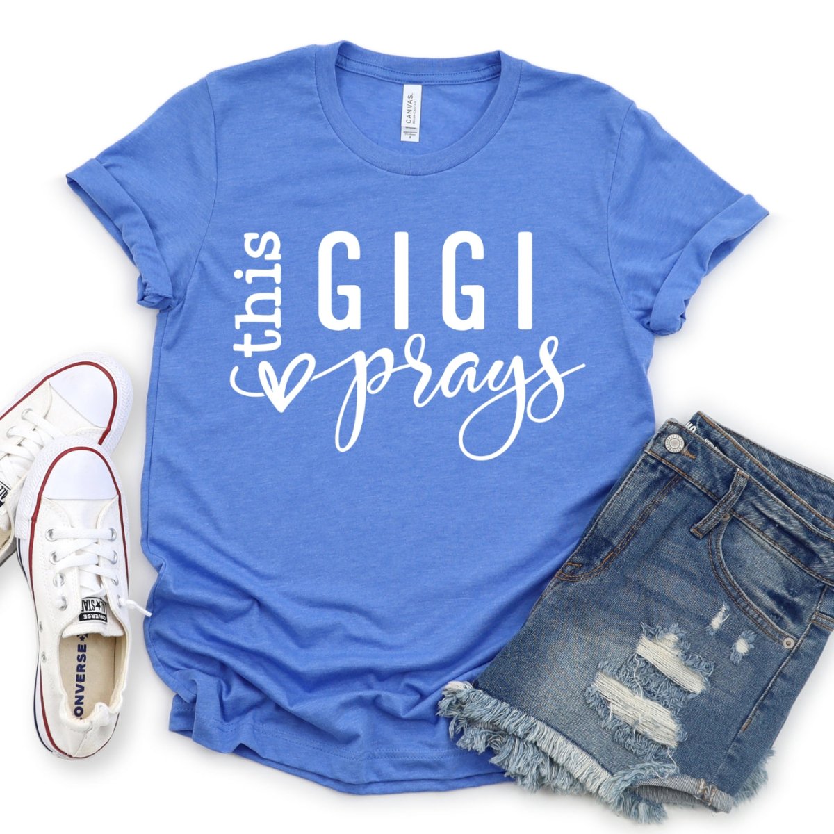 Personalized Custom T Shirt - This GiGi Prays Womens T - Shirt - Bliss Birthday Shirts - Heather Columbia Blue - S