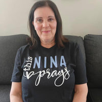 Personalized T Shirt - This Nina Prays Womens Birthday Shirt - Bliss Birthday Shirts - Dark Grey Heather - S