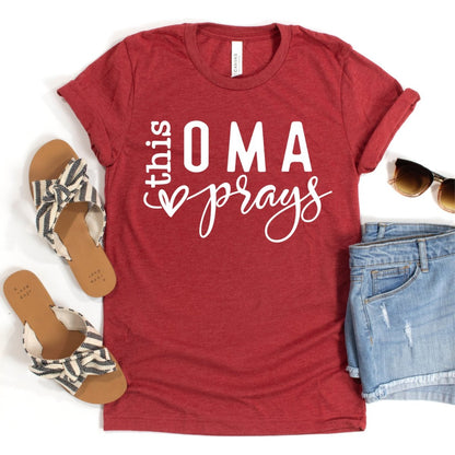 Personalized T Shirt - This Oma Prays Womens Birthday Shirt - Bliss Birthday Shirts - Heather Red - S