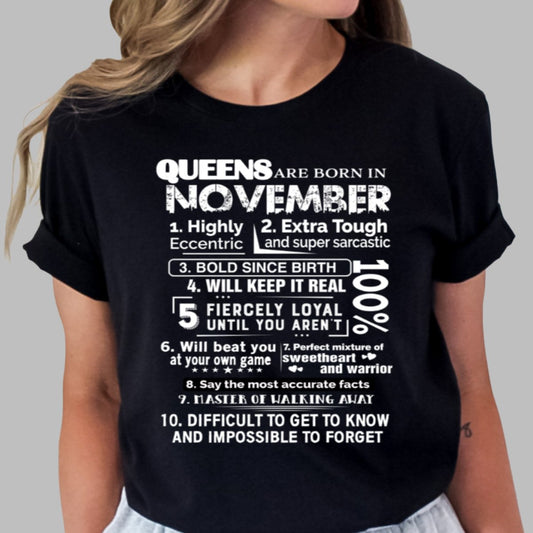 Queens Are Born in November - Mauve Birthday Shirt - Bliss Birthday Shirts - Small - Black