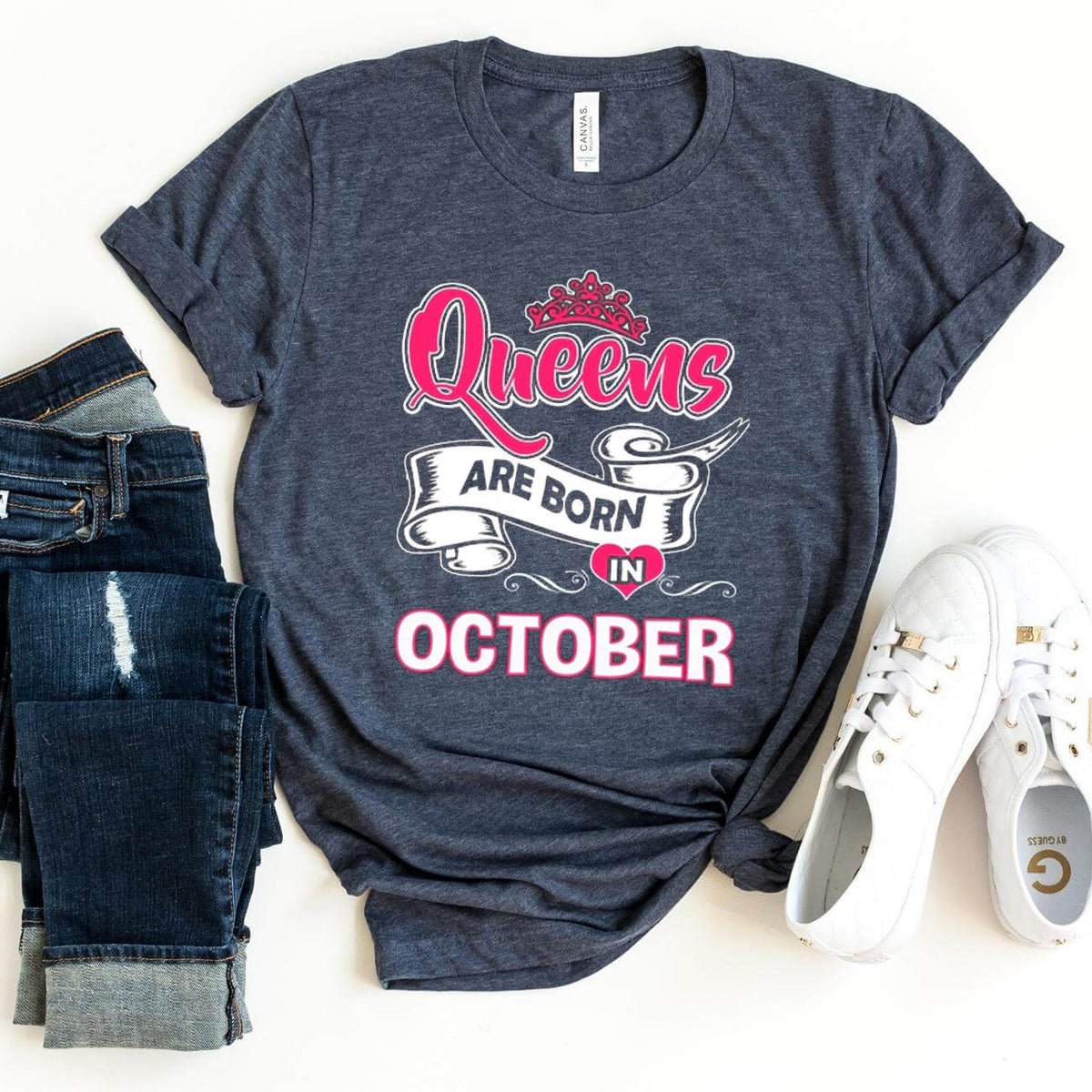 Queens Are Born in October - Birthday Bash Shirt - Bliss Birthday Shirts - Heather Navy - S