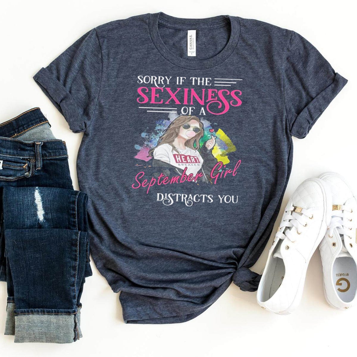 September Girl Distracts You - Custom Birthday Shirt - Bliss Birthday Shirts - Heather Navy - S