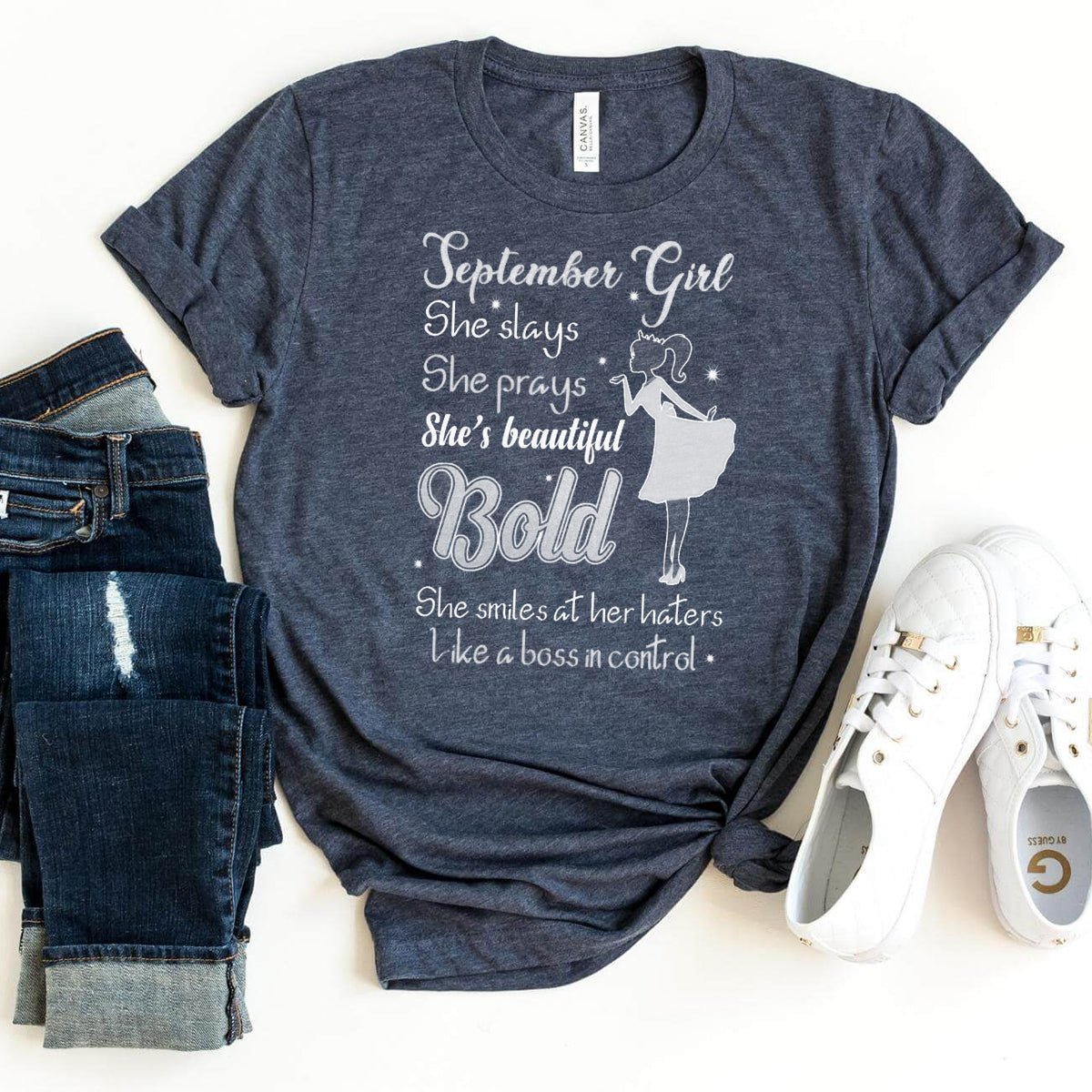 September Girl - She Slays She Prays White Birthday Shirt - Bliss Birthday Shirts - Heather Navy - S