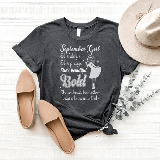 September Girl - She Slays She Prays White Birthday Shirt - Bliss Birthday Shirts - Small - Grey