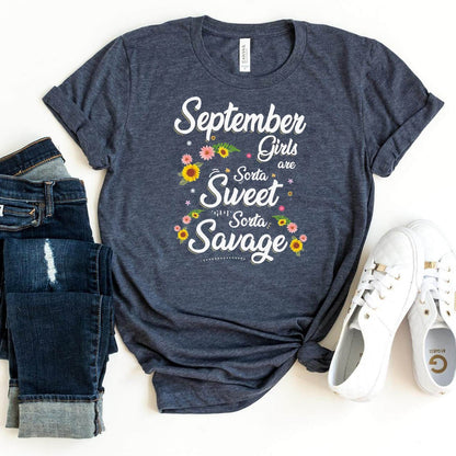 September Girls - Sorta Sweet Sorta Savage Birthday Shirt - Bliss Birthday Shirts - Heather Navy - S