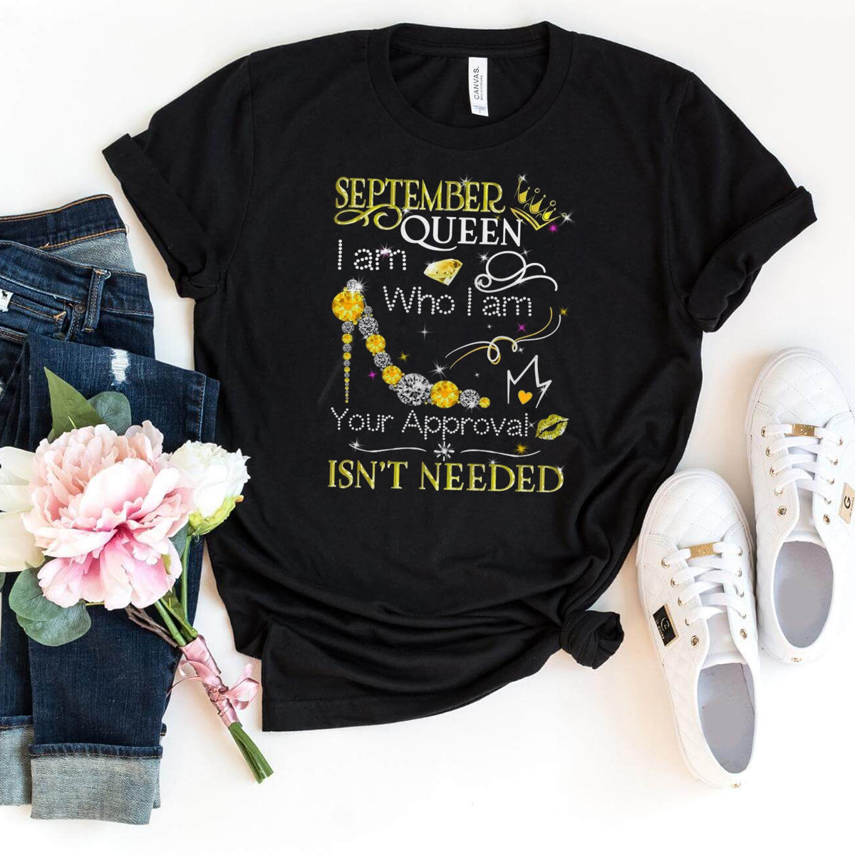 September Queen - I Am Who I Am Birthday Shirt - Bliss Birthday Shirts - Small - Black with yellow design