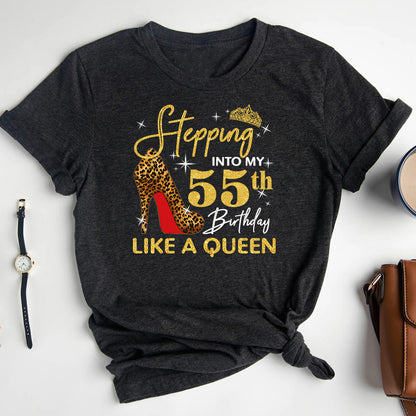 Stylish Birthday Shirt: Stepping into My 55th Birthday Like a Queen - Bliss Birthday Shirts - S - Grey