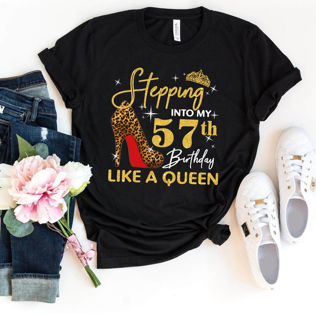 Stylish Birthday Shirt: Stepping into My 57th Birthday Like a Queen - Bliss Birthday Shirts - Black - S