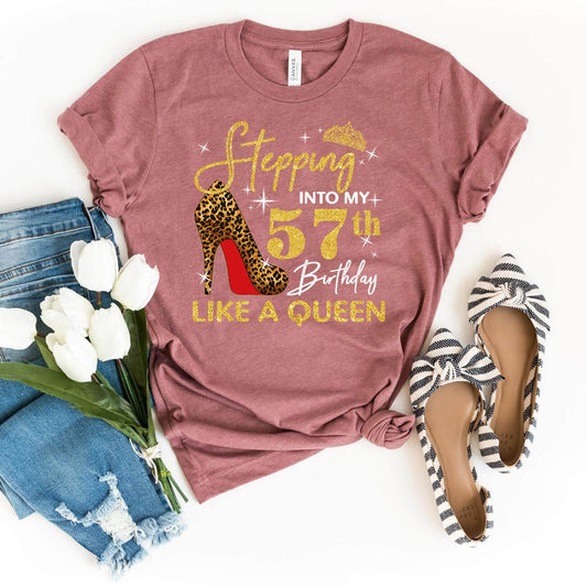 Stylish Birthday Shirt: Stepping into My 57th Birthday Like a Queen - Bliss Birthday Shirts - Heather Mauve - S