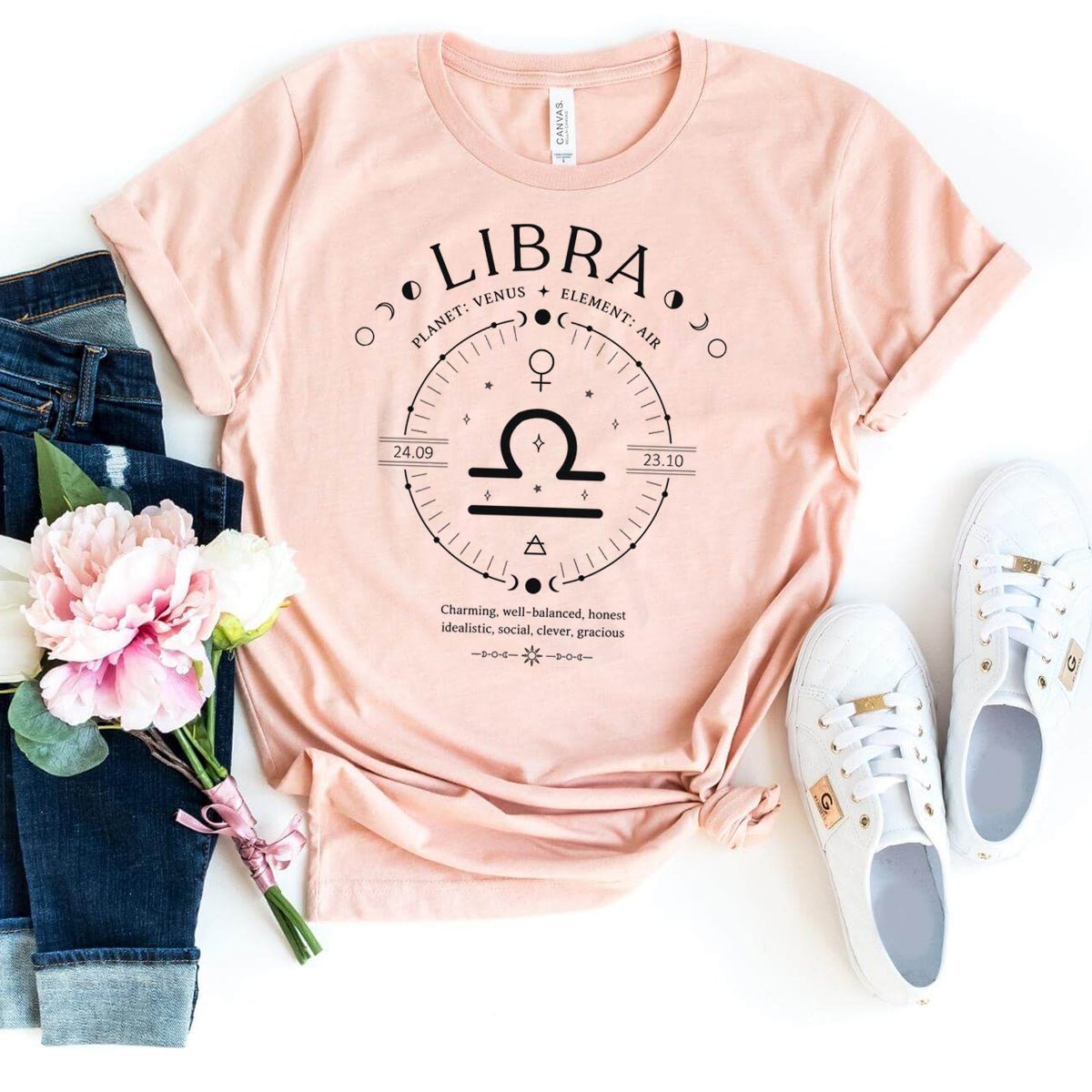 Stylish Libra Zodiac Birthday Shirt – Perfect for Astrology Enthusiasts - Bliss Birthday Shirts - Heather Peach - S