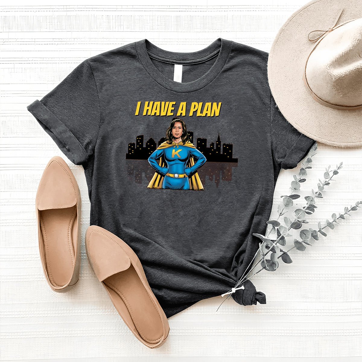 Support Kamala Harris 2024 with the I Have A Plan T-Shirt – Stylish Unisex Tee - Bliss Birthday Shirts - Heather Dark Grey - S