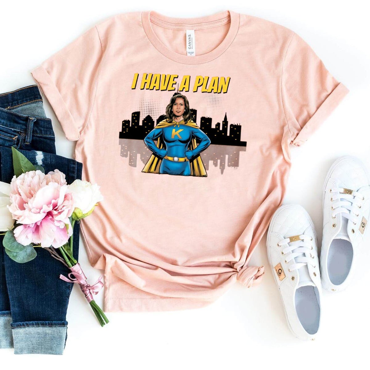 Support Kamala Harris 2024 with the I Have A Plan T-Shirt – Stylish Unisex Tee - Bliss Birthday Shirts - Heather Peach - S