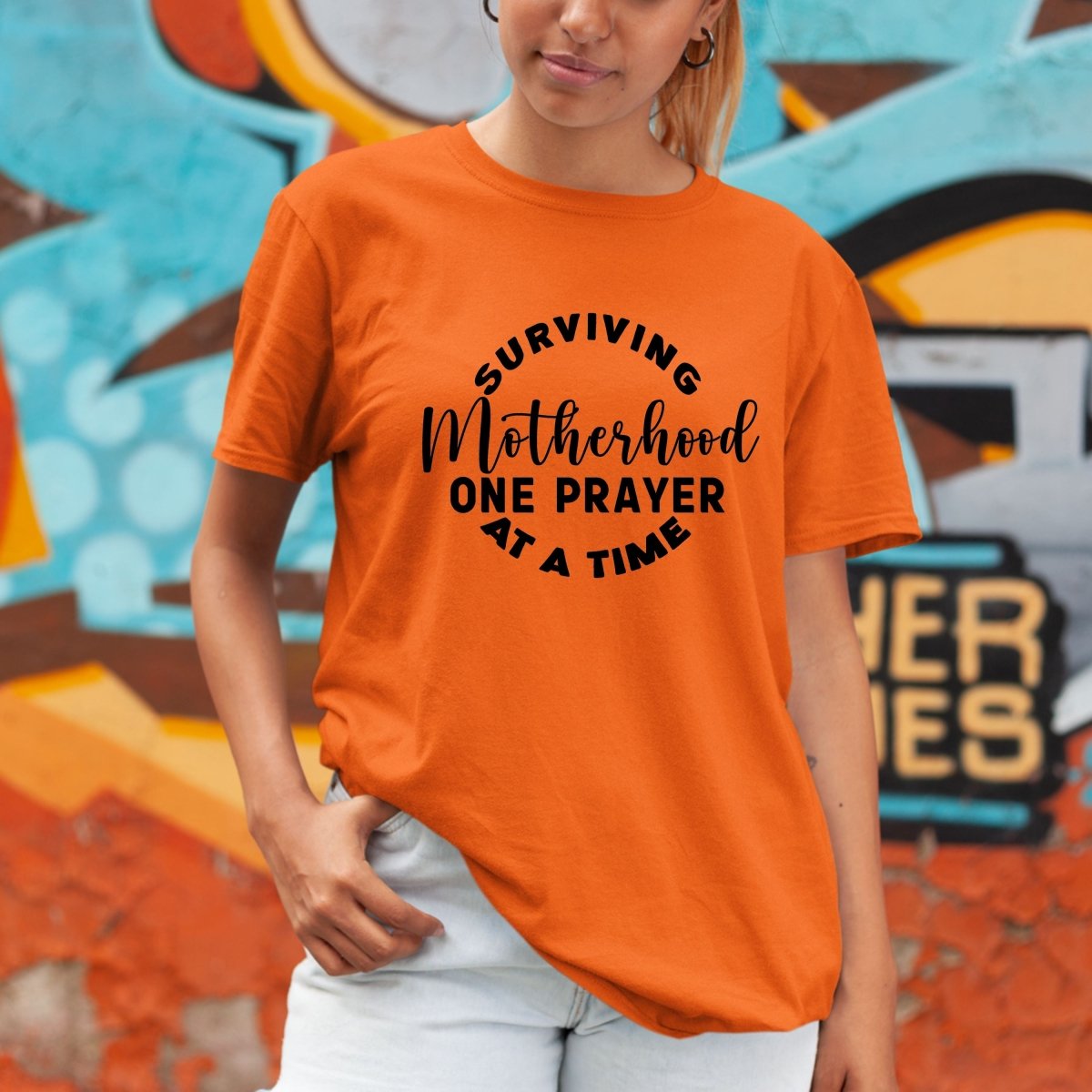 Surviving Motherhood One Prayer - Birthday Shirt - Bliss Birthday Shirts - Small - Orange