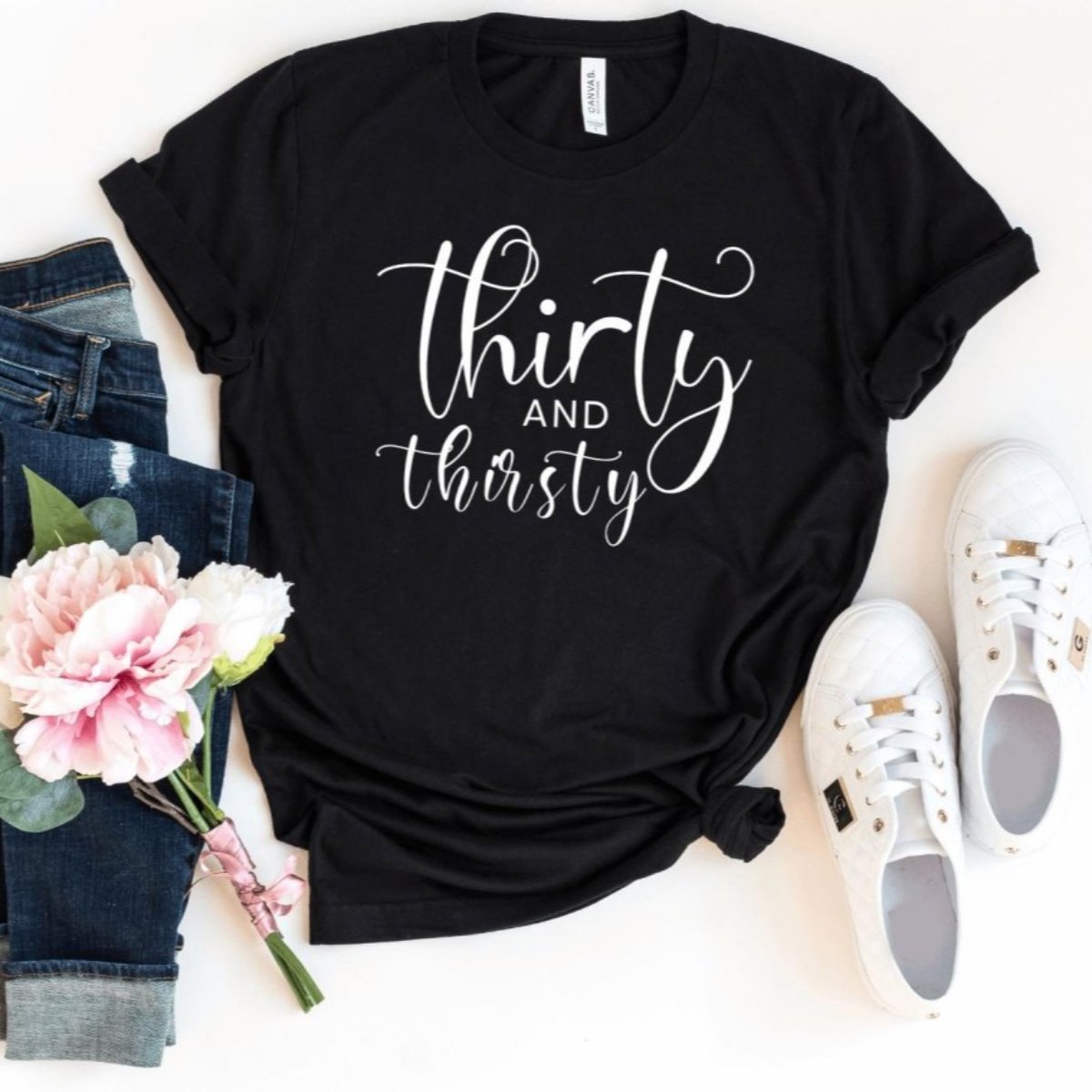 Thirty and Thirsty Birthday Shirt - 30th Birthday Fun - Bliss Birthday Shirts - S - Black