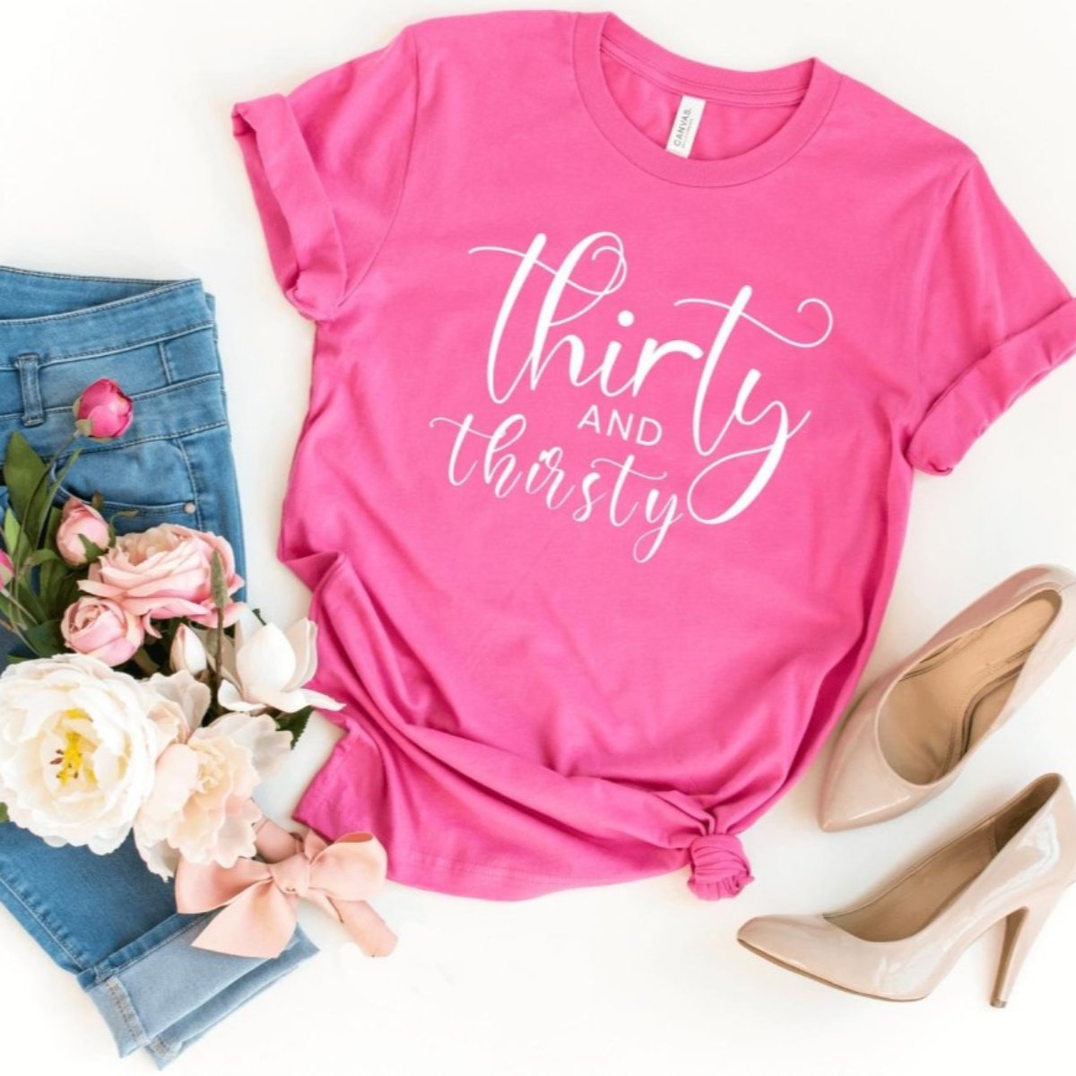 Thirty and Thirsty Birthday Shirt - 30th Birthday Fun - Bliss Birthday Shirts - S - Charity Pink