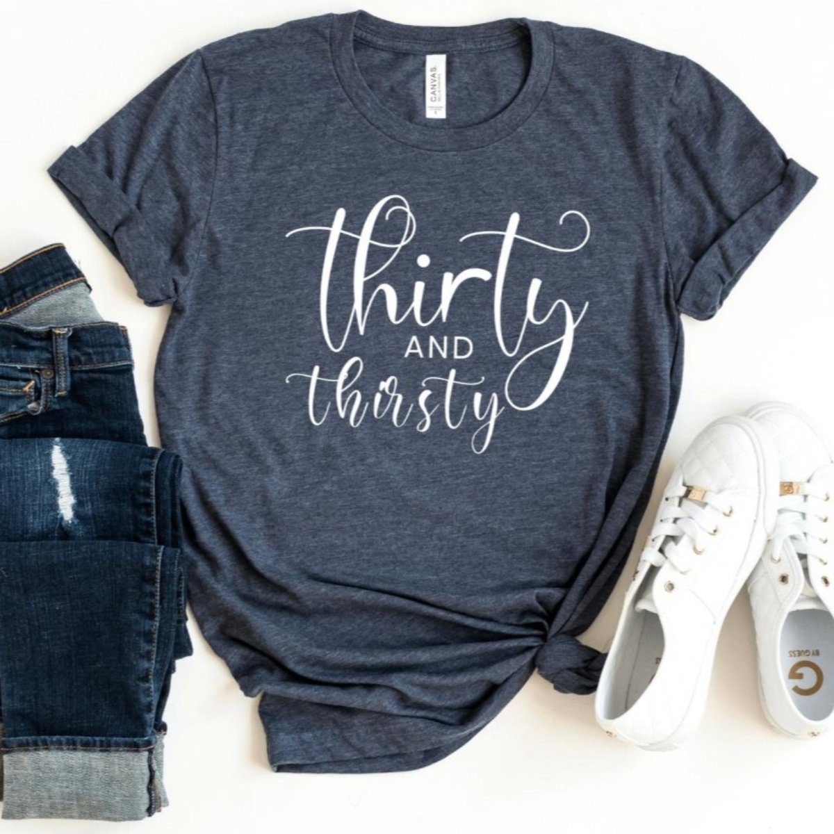 Thirty and Thirsty Birthday Shirt - 30th Birthday Fun - Bliss Birthday Shirts - S - Heather Navy