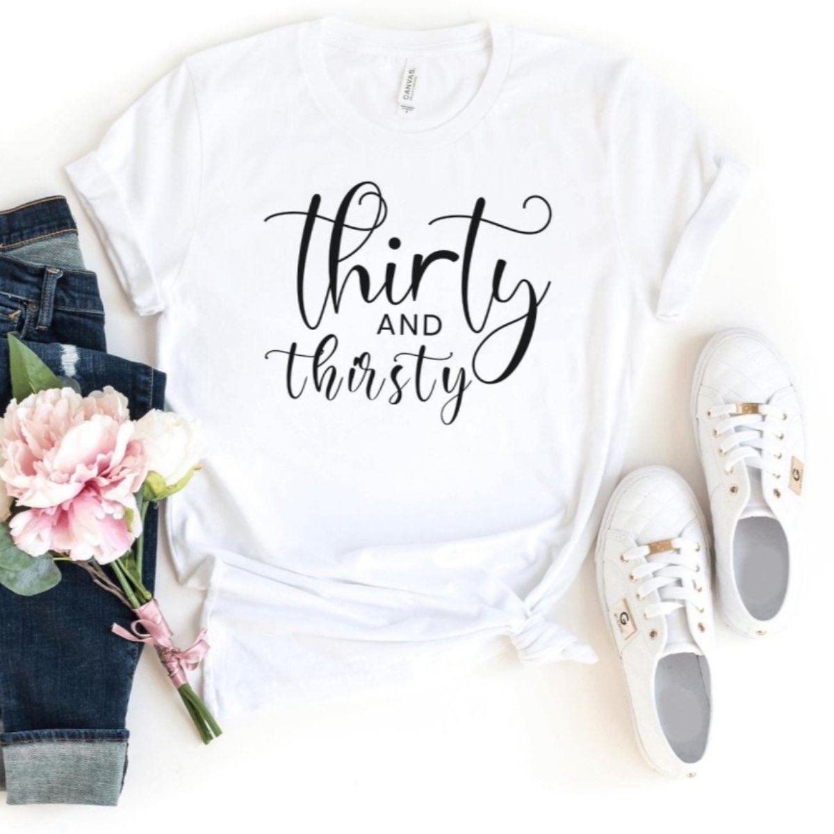 Thirty and Thirsty Birthday Shirt - 30th Birthday Fun - Bliss Birthday Shirts - S - White