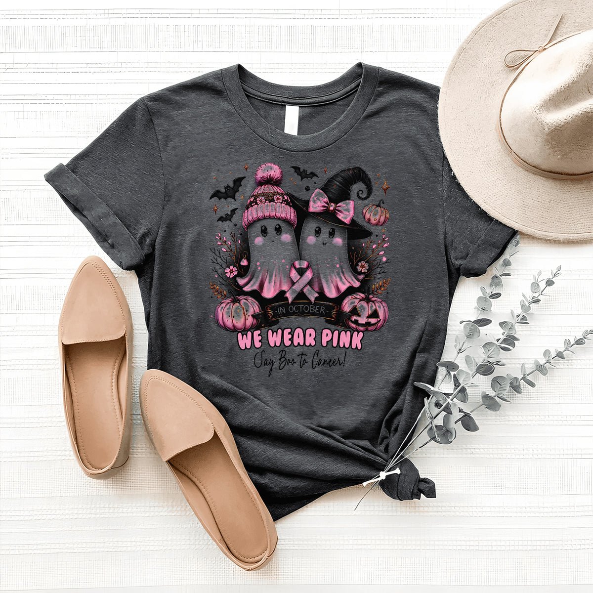 Trendy In October We Wear Pink Ghost Shirt – Stylish Halloween Apparel - Bliss Birthday Shirts - Heather Dark Grey - S