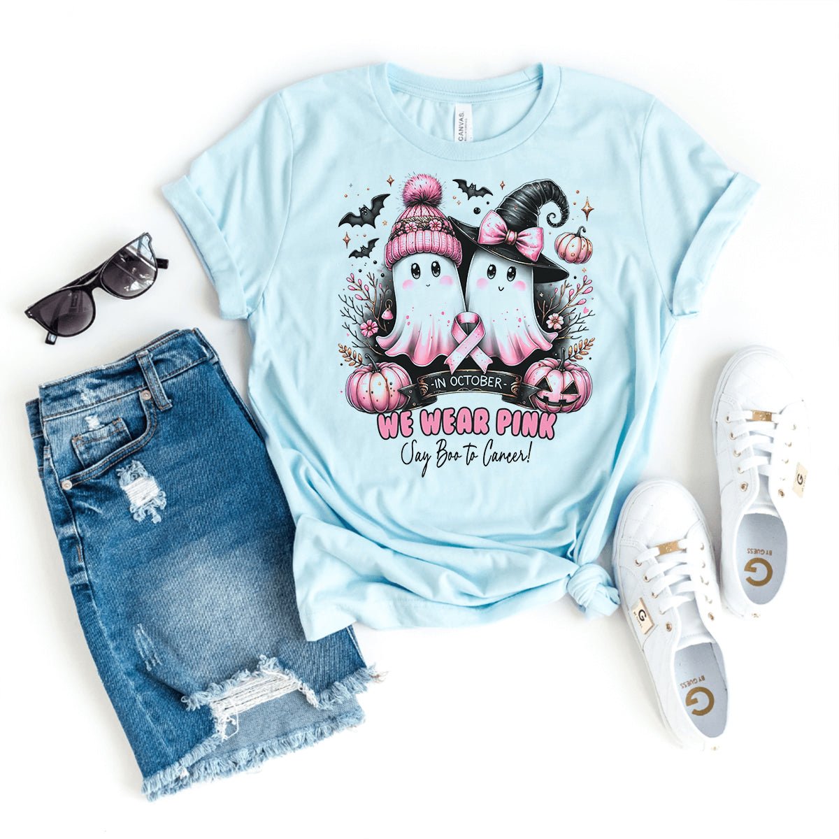 Trendy In October We Wear Pink Ghost Shirt – Stylish Halloween Apparel - Bliss Birthday Shirts - Heather Ice Blue - S