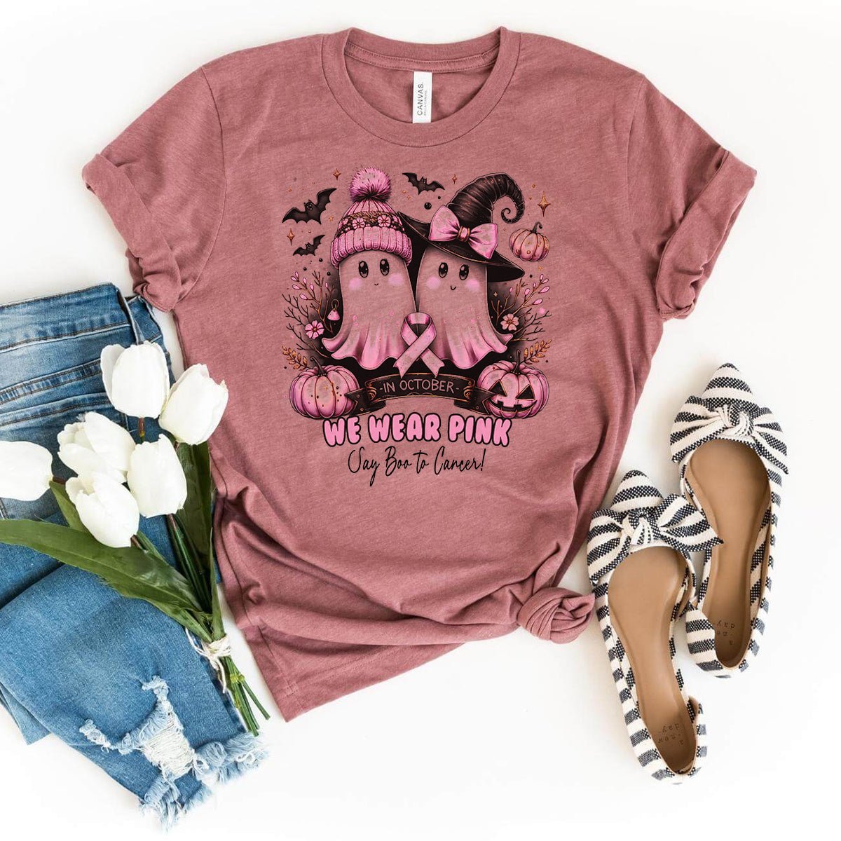 Trendy In October We Wear Pink Ghost Shirt – Stylish Halloween Apparel - Bliss Birthday Shirts - Heather Mauve - S