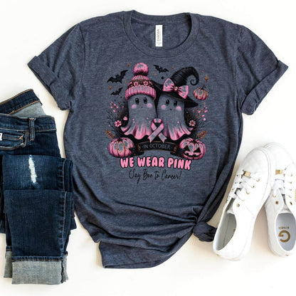 Trendy In October We Wear Pink Ghost Shirt – Stylish Halloween Apparel - Bliss Birthday Shirts - Heather Navy - S