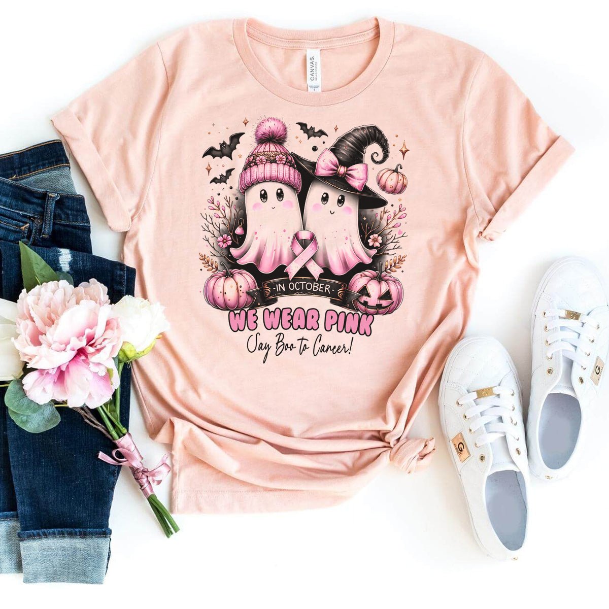 Trendy In October We Wear Pink Ghost Shirt – Stylish Halloween Apparel - Bliss Birthday Shirts - Heather Peach - S