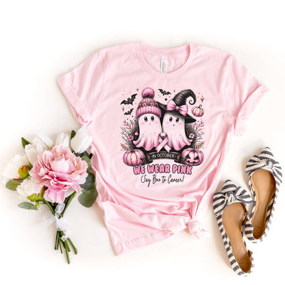 Trendy In October We Wear Pink Ghost Shirt – Stylish Halloween Apparel - Bliss Birthday Shirts - Light Pink - S