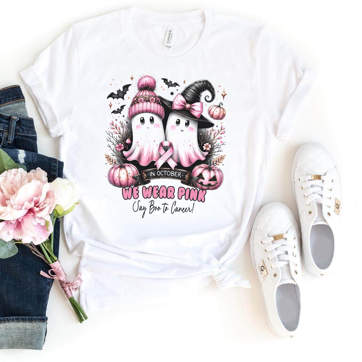 Trendy In October We Wear Pink Ghost Shirt – Stylish Halloween Apparel - Bliss Birthday Shirts - White - S