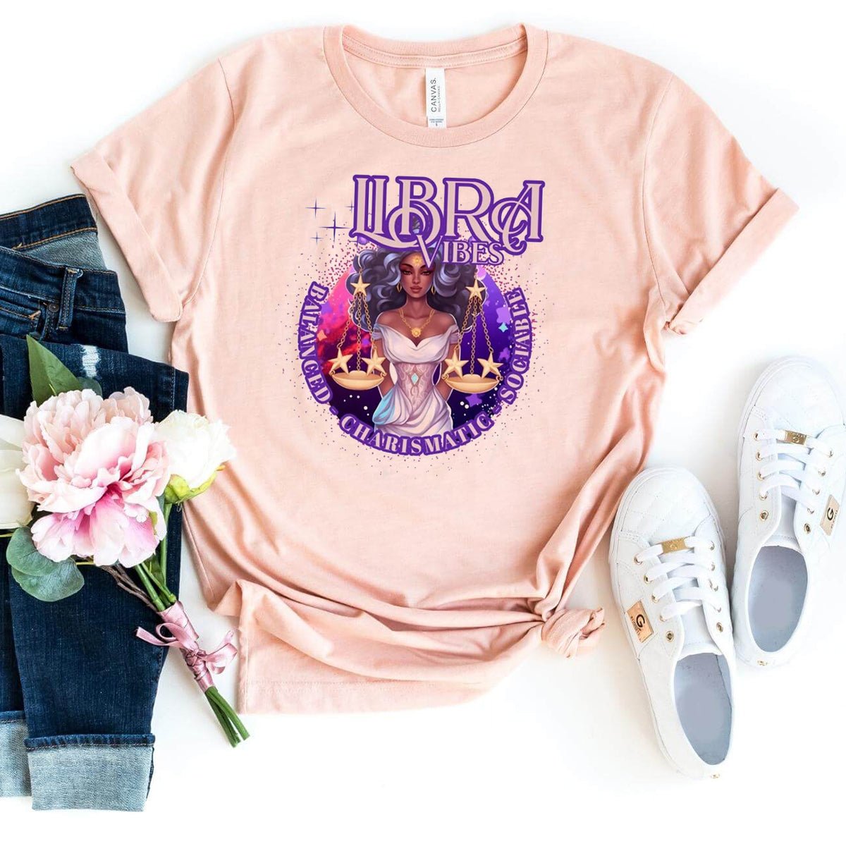 Trendy Libra Birthday Shirt for Black Women – Perfect Zodiac Gift - Bliss Birthday Shirts - Heather Peach - S