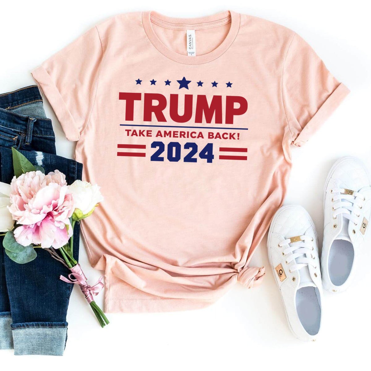 Trump Take America Back 2024 – Patriotic Campaign Shirt - Bliss Birthday Shirts - Heather Peach - S