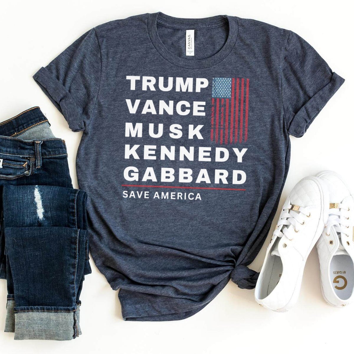 Trump, Vance, Musk, Kennedy, Gabbard - Save America 2024 Shirt - Bliss Birthday Shirts - Heather Navy - S