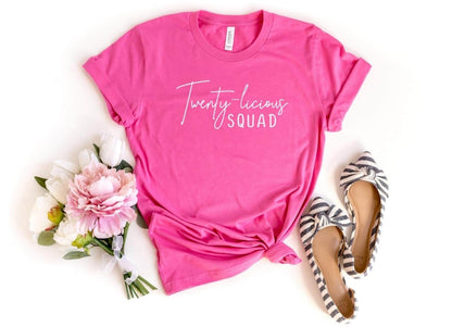 Twenty - licious SQUAD Birthday Shirt - 20th Birthday Fun - Bliss Birthday Shirts - S - Charity Pink