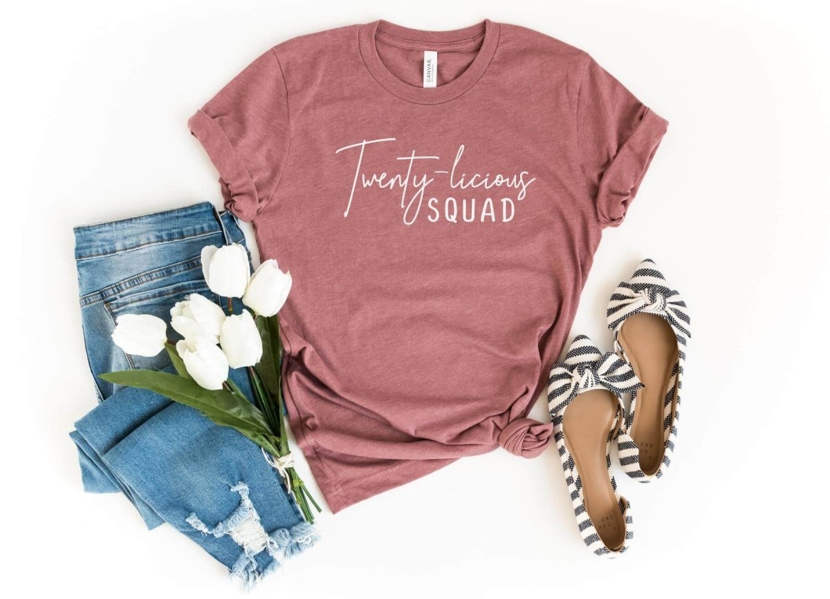 Twenty - licious SQUAD Birthday Shirt - 20th Birthday Fun - Bliss Birthday Shirts - S - Heather Mauve