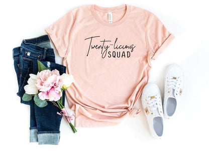 Twenty - licious SQUAD Birthday Shirt - 20th Birthday Fun - Bliss Birthday Shirts - S - Heather Peach