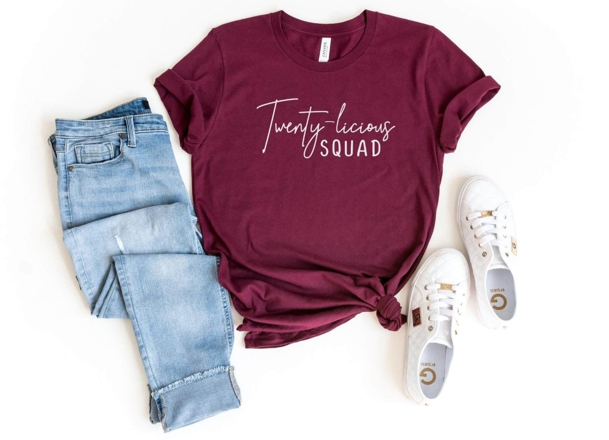 Twenty - licious SQUAD Birthday Shirt - 20th Birthday Fun - Bliss Birthday Shirts - S - Maroon