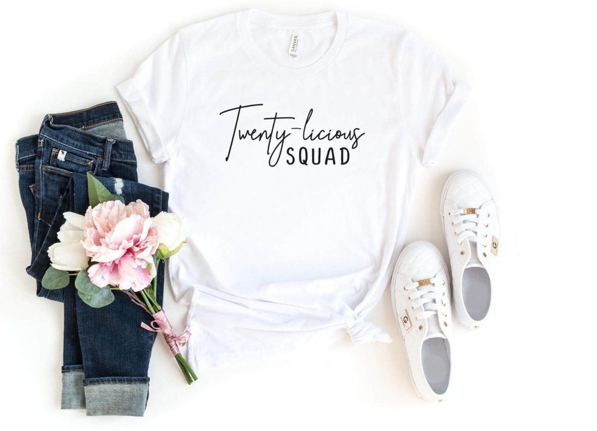 Twenty - licious SQUAD Birthday Shirt - 20th Birthday Fun - Bliss Birthday Shirts - S - White