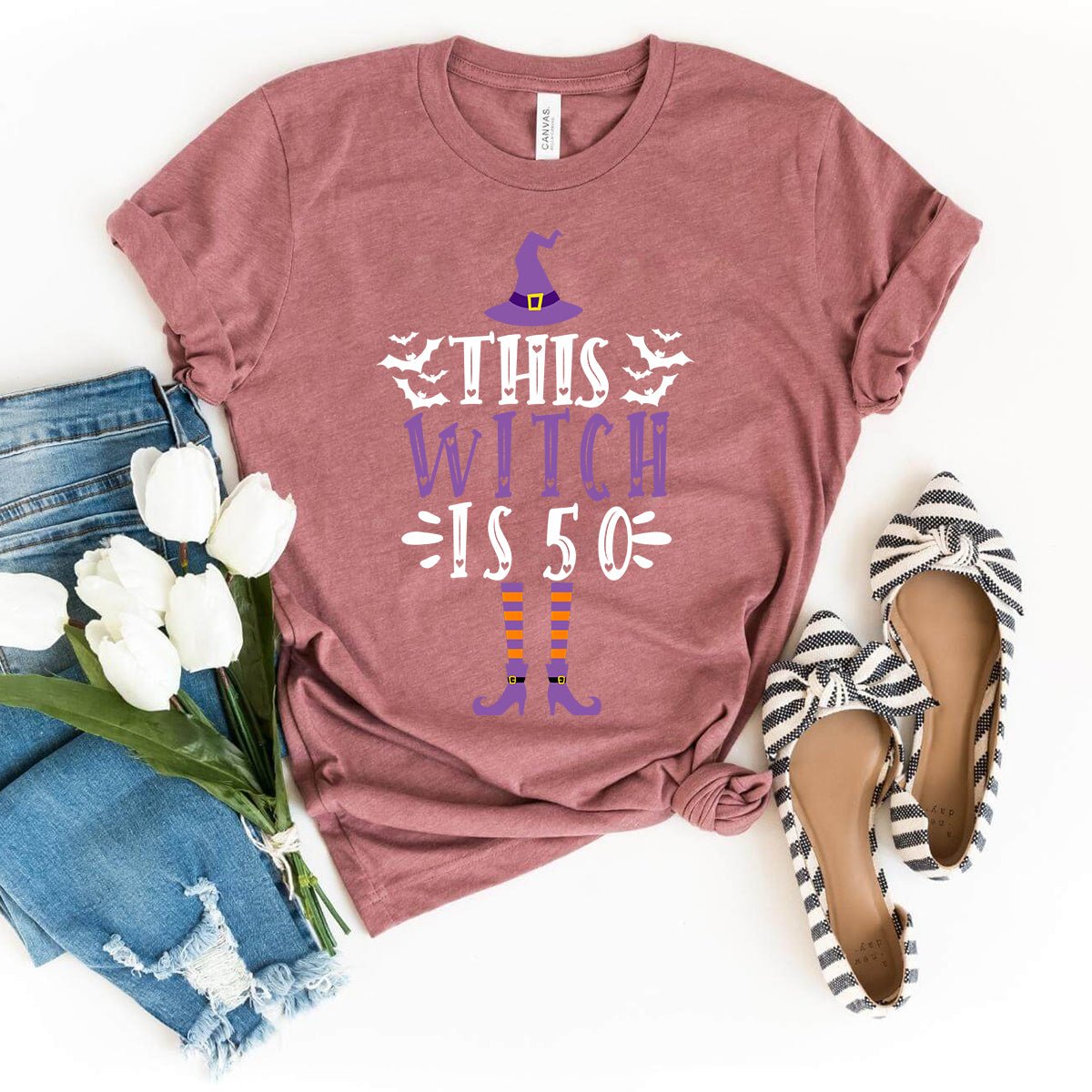 Unique 50th Birthday Witch Shirt – Fun Birthday Gift for Women - Bliss Birthday Shirts - Heather Mauve - S