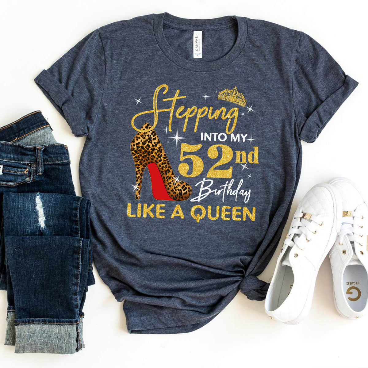 Unique Birthday Shirt: Stepping into My 52nd Birthday Like a Queen - Bliss Birthday Shirts - S - Grey